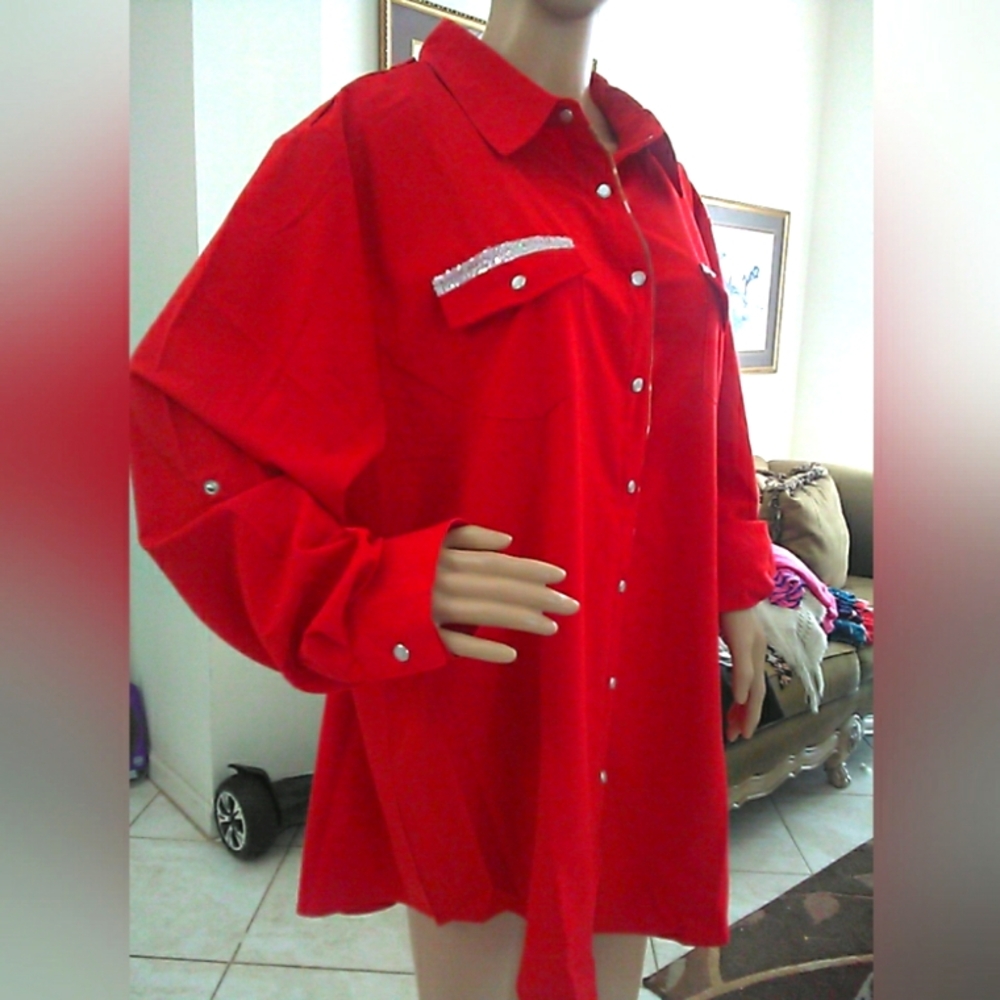 BNWT L&B Red SNAP DOWN BLOUSE FRONT POCKETS W/ SEQUINS COW PRINT DETAIL SZ. 2X - Picture 3 of 9
